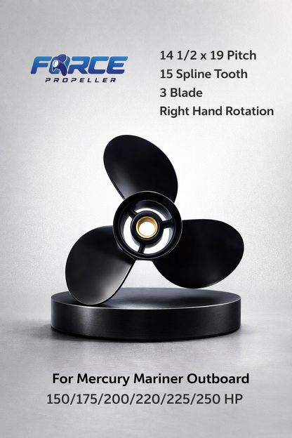 FORCE Aluminum Propeller V6 14 1/2 X 19 Pitch RH 15 Spline Tooth for Mercury Outboard 150 HP/175 HP/200 HP/220 HP/225 HP/250 HP Boat Motor Engine Parts, Hardware Install Kit fit included