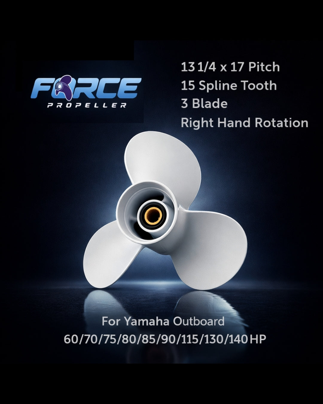 FORCE Aluminum Propeller 13 1/4 X 17 Pitch RH 15 Spline Tooth for Yamaha Outboard 60/70/75/80/85/90/115/130/140 HP Boat Motor Engine Parts